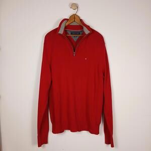 Tommy Hilfiger 1/4 Zip quarter-zip Red Sweater Mens Size Large Preppy Old Money